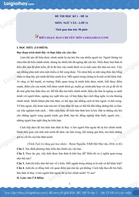 Đề thi học kì 1 môn Ngữ văn lớp 11 trường THPT Trường Thịnh